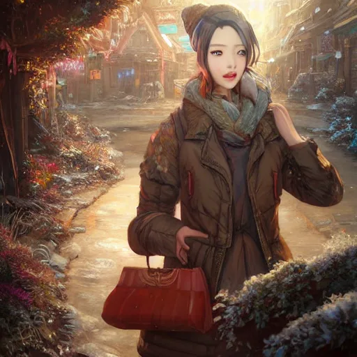 Image similar to the portrait a beautiful grocery young asia woman in down jacket, with a goosethe background is dust earth road ， river winter an snow, illustration by wenjun lin, irakli nadar, bright colors, octopath traveler, wenjun lin, unreal engine 5 highly rendered, global illumination, radiant light, detailed and intricate environment