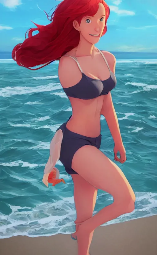 Image similar to lois van baarle, artgerm, helen huang, by makoto shinkai and ilya kuvshino, rossdraws, illustration, art by ilya kuyshuno. cute scarlet red haired cyborg woman, steel gray body, denim shorts, at beach at sunset, beautiful face, smile, elegant, exaggerated proportions, looking at camera