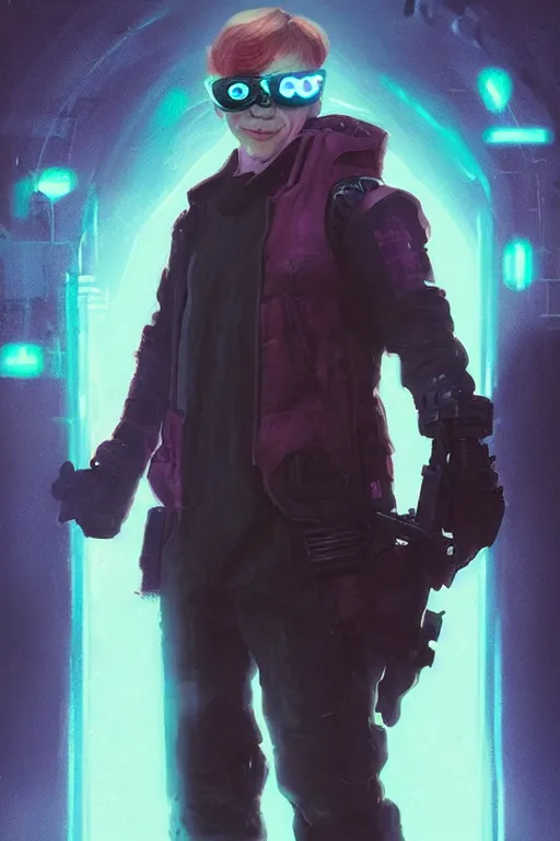 Prompt: portrait of Rupert Grint as Ron Wisly with visor in cyberpunk, neon lighting, night city, digital art from artstation by Ruan Jia and Mandy Jurgens and Artgerm and william-adolphe bouguereau and Greg Rutkowski