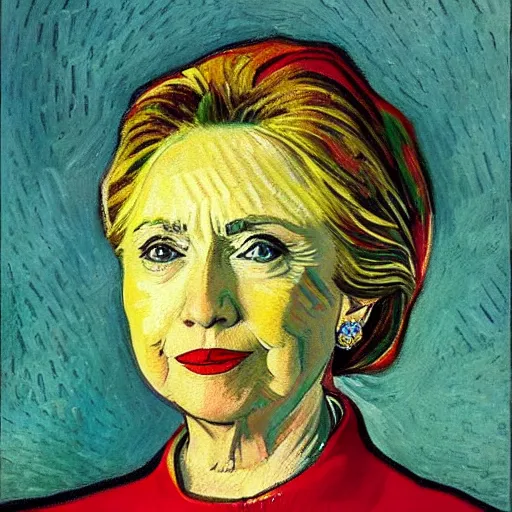 Image similar to detailed oil portrait of hillary clinton wearing pearl earrings, painted by van gogh