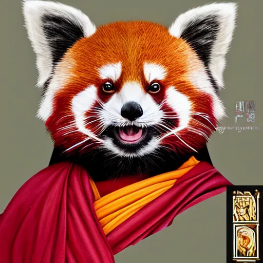 Image similar to highly detailed full body picture of a red panda in buddhist monk’s robes, concept art, digital art, studio lightning, bright colors, intricate, masterpiece, photorealistic, hiperrealistic, sharp focus, high contrast, intricate, Artstation HQ, DeviantArt trending, 4k UHD, Unreal Engine 5