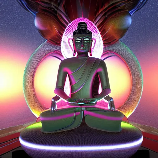 Image similar to robotic lifeform buddha meditating in front of a beautiful fractal neural network :: Unreal Engine 3d render