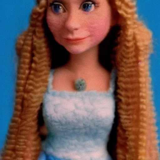 Prompt: needle felted alicia silverstone as cher from the movie clueless (1995), highly detailed, tilt shift, eerie, hyperrealism, highly textured, god rays