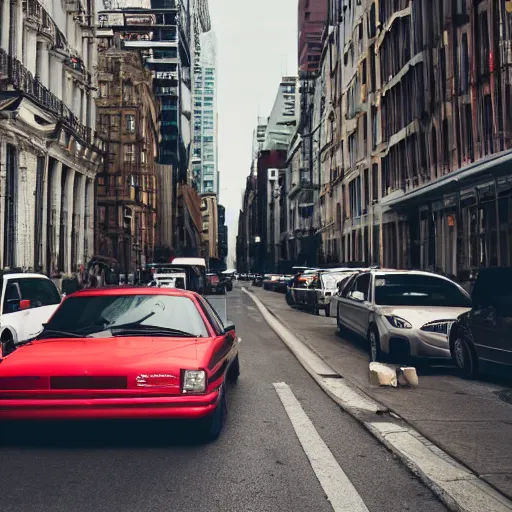 Image similar to a bunch of cars that are sitting in the street, trending on unsplash, stuckism, cityscape, depth of field