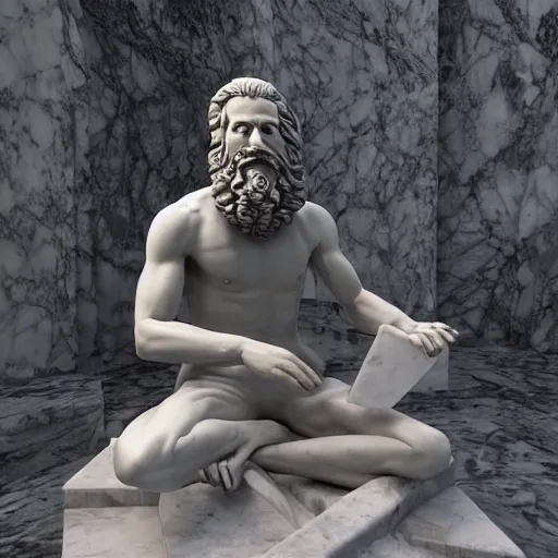 Prompt: a marble statue depicting a bearded wild man playing a modular synthesizer, 8 k, unreal engine,