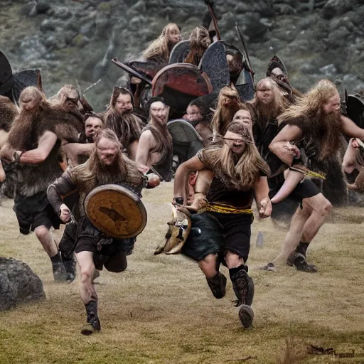 Prompt: Wild Vikings running against the camera