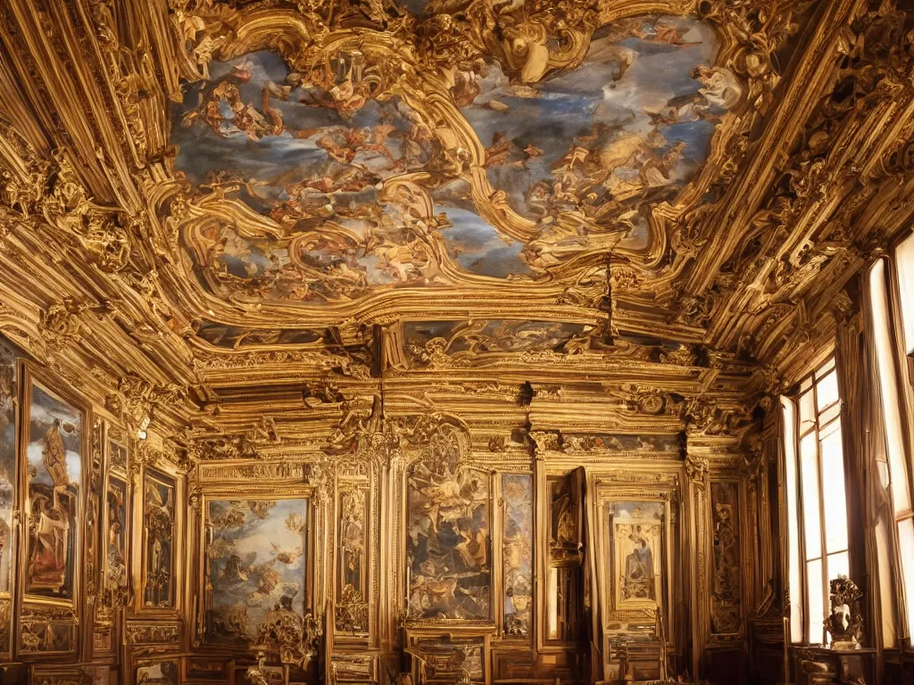 Prompt: The bright and majestic beautiful Renaissance palace chamber filled with soft light from beautiful windows with beautiful paintings of a demons on the walls, high quality interior photo trending on photostocks