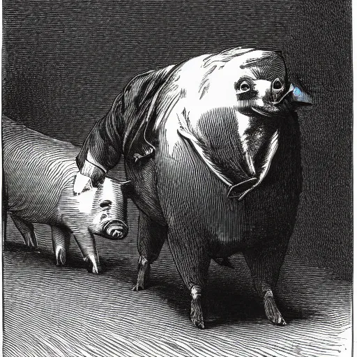 Image similar to a pig walking on two legs, creepy atmosphere, dressed in a tuxedo, dark, close-up, realistic, very realistic, illustration by Gustave Doré