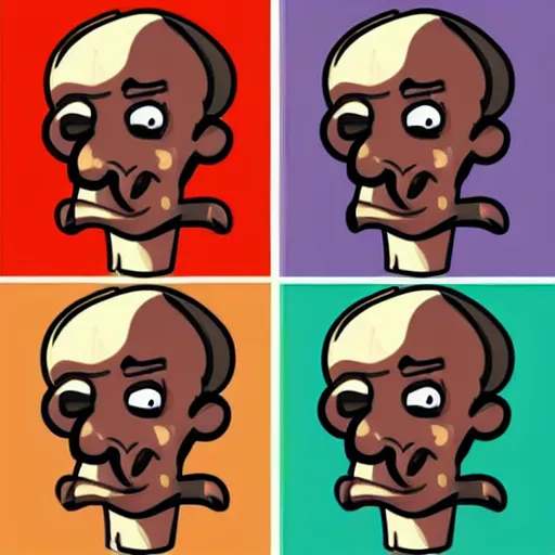 Prompt: handsome squidward style, strong man, big smile, hero, cleft chin, handsome, pop art portrait