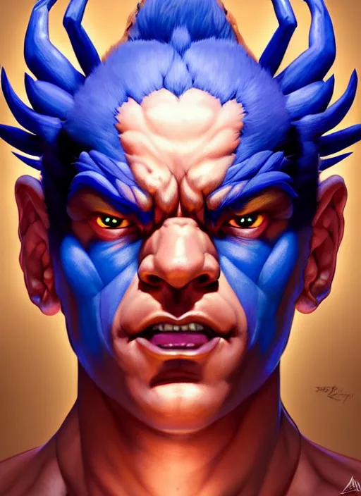 Image similar to symmetry!! portrait of blue akuma, street fighter, global illumination!! intricate, elegant, highly detailed, digital painting, artstation, concept art, smooth, sharp focus, illustration, art by artgerm and greg rutkowski and alphonse mucha