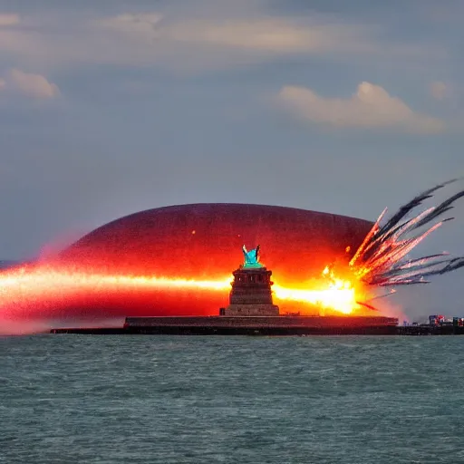 Image similar to disaster photography, airship during collision into statue of liberty, full color, explosion, 8k, hd, high resolution