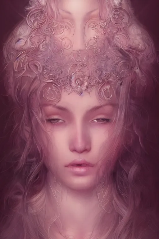 Image similar to Soft Portrait of a goddess of love, pastel pink, dark fantasy, intricate, elegant, highly detailed, photographic, full-body portrait, artstation, concept art, smooth, sharp focus, art by artgerm