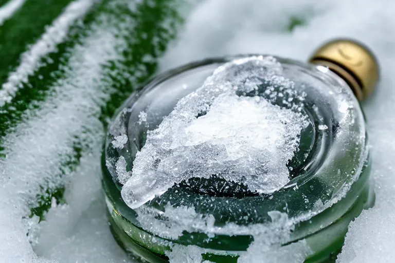 Image similar to perfume bottle buried a tropical oasis, frozen and covered in ice and snow