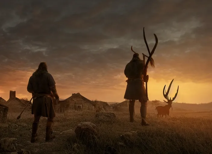 Image similar to a viking guiding a moose through an abandoned viking village, burnt huts, bodies on the ground, dramatic dramatic lighting, dawn, by caspar david friedrich, unreal engine 5