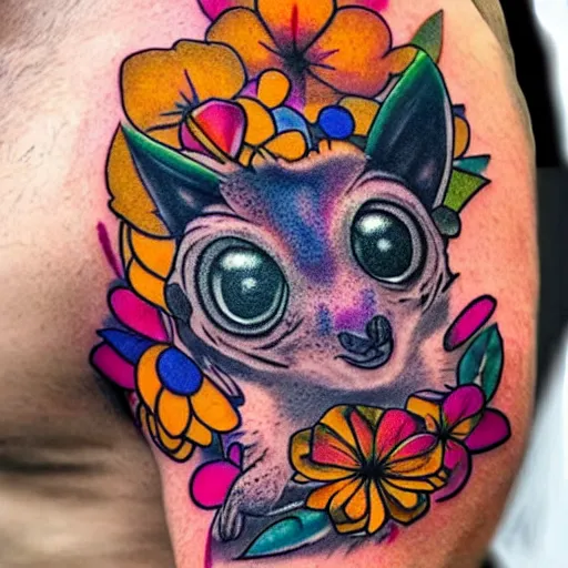 Image similar to shoulder tattoo of a multicolored trippy furry cute bushbaby, eyes are colorful spirals, surrounded with colorful flowers and ganja leaves, insanely integrate