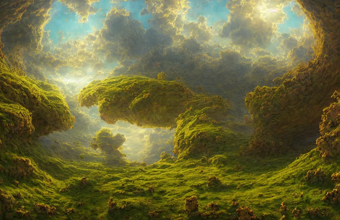 Image similar to mandelbrot mandelbulb swiss landscape, ridley scott, hyperreal phantastic green meadow landscape, small sailship, intricate details in environment, meeting point, portal, luminance, bright pastel colors, golden ratio, high aestehtic, cinematic light, godrays, distance, clear atmosphere, photobash, wideangle, bierstadt, hyperreal 4 k
