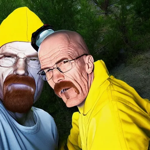 Prompt: A still of Jerma taking a selfie with Walter White in Albuquerque, New Mexico with a yellow filter, real life, hyperrealistic, ultra realistic, realistic, highly detailed, epic, HD quality, 8k resolution, body and headshot, Trending on Artstation, very realistic