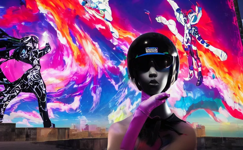 Prompt: billboard advertisement with an extremely beautiful photo of a black marble statue of an anime girl with colorful motocross logos and motorcycle helmet with closed visor, colorful smoke in the background, carved marble statue, fine art, neon genesis evangelion, virgil abloh, offwhite, denoise, highly detailed, 8 k, hyperreal