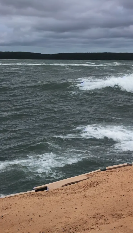 Image similar to beautiful color pentax photograph of pristine frank lloyd wright storm surge barriers. distant shot, wide angle