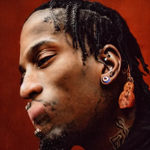 Prompt: A renaissance painting of Travis Scott, close up, portrait, album cover, shallow depth of field, 40mm lens, gritty, textures