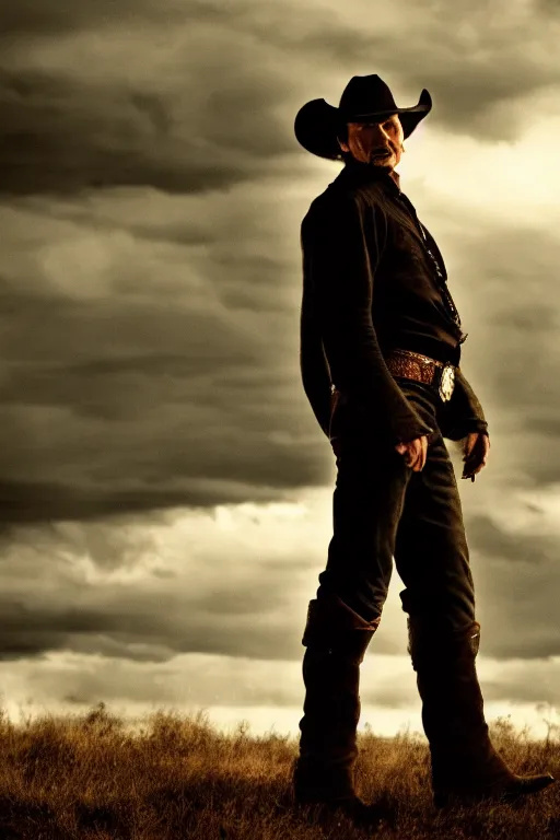 Image similar to cinematic of liam neeson cowboy, dramatic, moody lighting