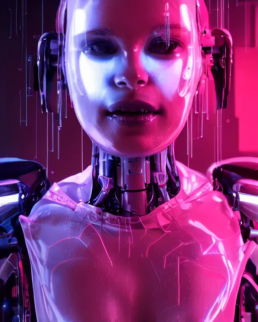 Prompt: photo of sweaty soulful female as a cyberpunk mecha humanoid robotic head and face parts with straight fluorescent lamps surrounding face, sweaty skin dripping down face, ultra - realistic and detailed, long exposure 8 k