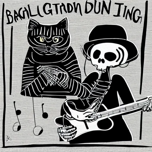 Image similar to skeleton wearing headphones watching girl playing guitar with her black cat standing next to her, digital art