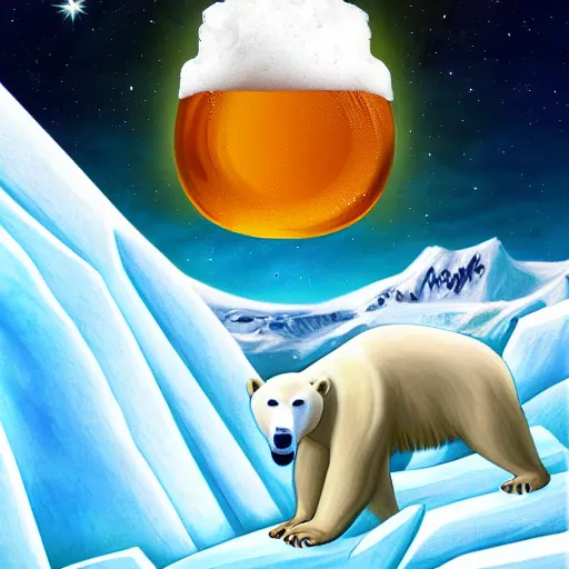 Image similar to polar bear drinking beer on iceberg in mars, beer can in hand, beer can, outer space, planet mars, illustration, computer painting, high resolution,, trending on deviantart, hdr, hyper detailed, insane details, intricate, elite, ornate, dramatic lighting