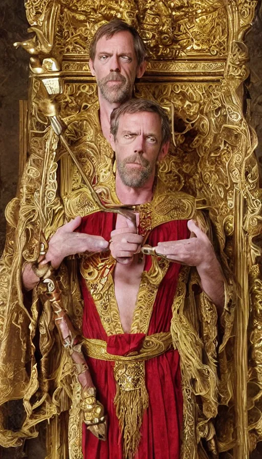 Image similar to hugh laurie as god of love, masculine, sweaty, intricate dressed in an ornate royal loin cloths and robe, and holding his love scepter, hero, intricate, highly - detailed,