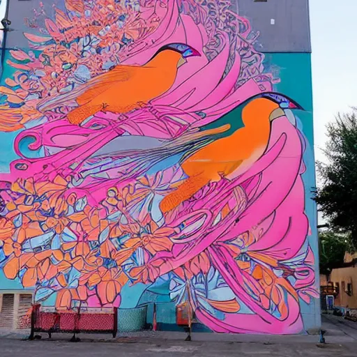 Prompt: an enormous mural in pink and orange, many colorful birds and exuberant fish mixing and blending, urban Street art by refreshink, l7m, pantone, ghibli, alphonse mucha,