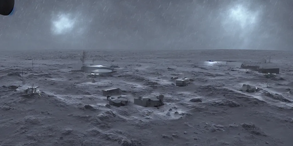 Image similar to hadley's hope base on lv 4 2 6 in the middle of the storm, atmosphere processor in the background, night, photorealistic, highly detailed, wide angle