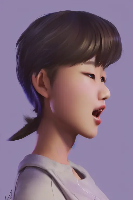 Prompt: a portrait of cute Asian girl singing, short stylish hair in the style of DreamWorks animation, side view, low angle view, 16mm lens, award winning, hyper detailed, studio lighting, artstation, octane renderer, unreal engine