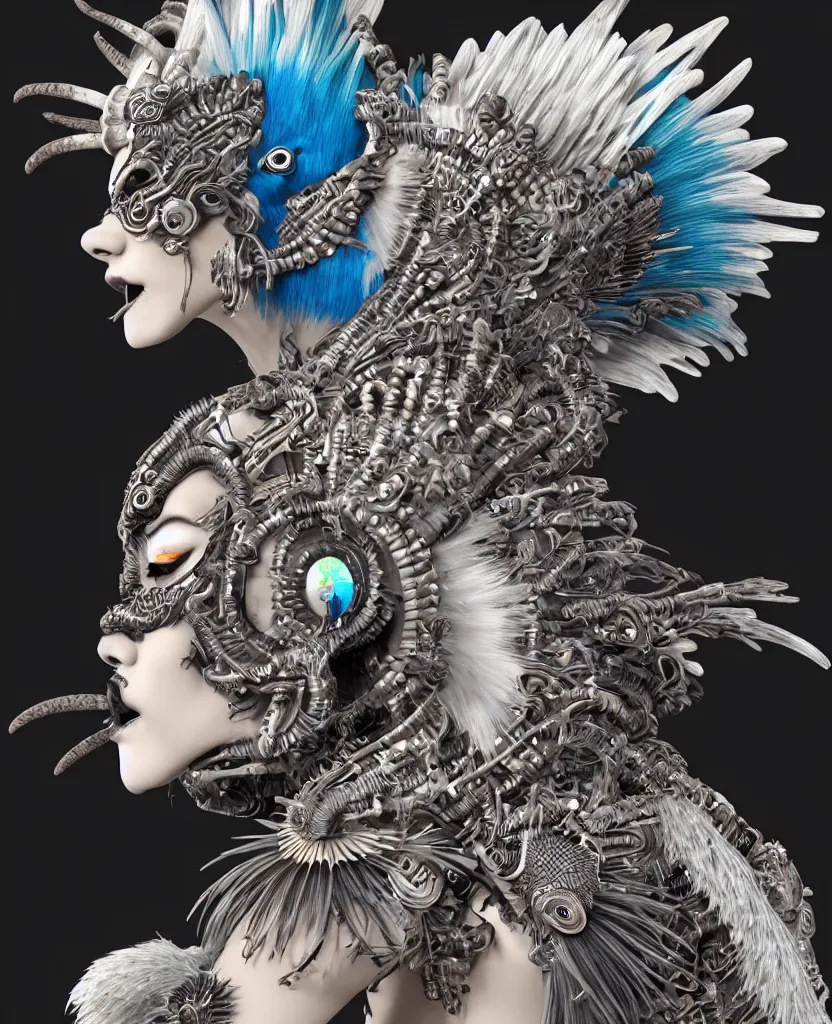 Image similar to 3 d goddess close - up profile portrait punk with mohawk with ram skull. beautiful intricately detailed japanese crow kitsune mask and clasical japanese kimono. betta fish, jellyfish phoenix, bio luminescent, plasma, ice, water, wind, creature, artwork by tooth wu and wlop and beeple and greg rutkowski