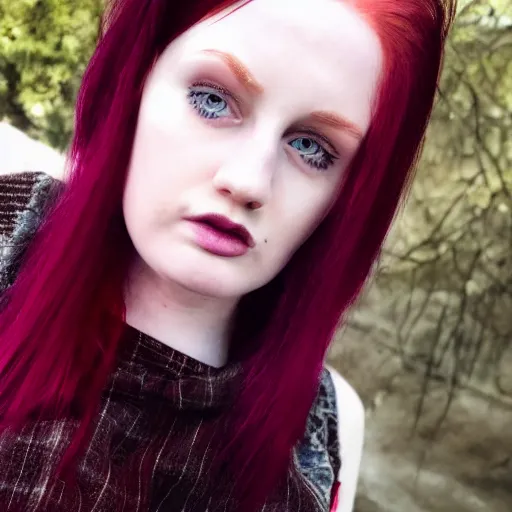 Image similar to a pale girl with piercing blue eyes and dyed wine red hair, soft facial features, looking directly at the camera, head shot, instagram picture