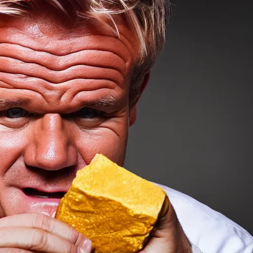 Image similar to Gordon Ramsey eating bricks, crying, photo, crisp, 8k