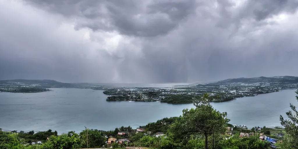 Image similar to the view from the sea of a town on the hill, rain and thunderstorm