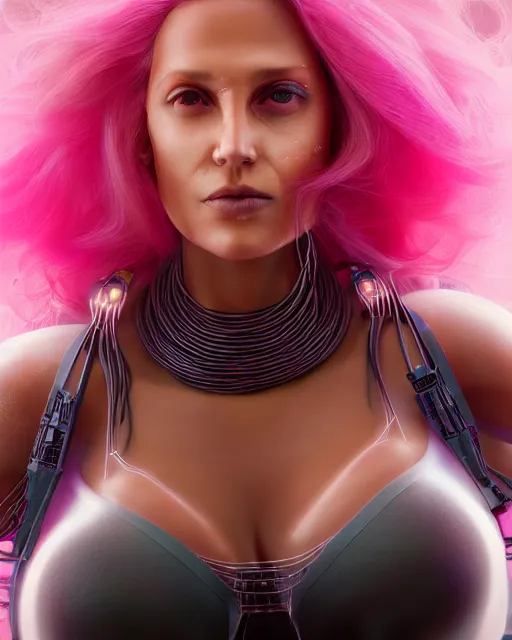 Image similar to portrait of a beautiful tanned woman with pink hair as a cyberpunk cyborg half robot, revealing wires and electronics, hooked - up, sci - fi, missing panels, intricate abstract upper body intricate artwork, concept art, octane render, deviantart, cinematic, key art, hyperrealism, iridescent accents, portrait photograph, nikon 3 5 mm, photograph by greg rutkowski