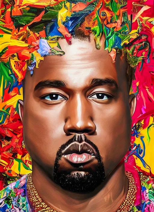 Prompt: ( ( ( ( ( beautiful painting of [ kanye west ], [ kanye west ] contemporary, colorful acrylic, airbrush painting [ realistic portrait ] ) ) ) ) ) by kehinde wiley and archan nair [ hyperrealism ]!!!!!!!