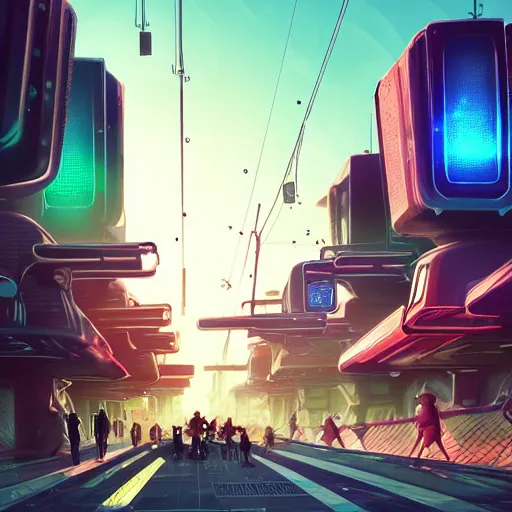 Image similar to an illustration of a futuristic, dystopian street with droids and robots at sunset. lot of neons. trending on artstation. photorealistic chilled forest sauvignon vinegar, by rococo beaker and