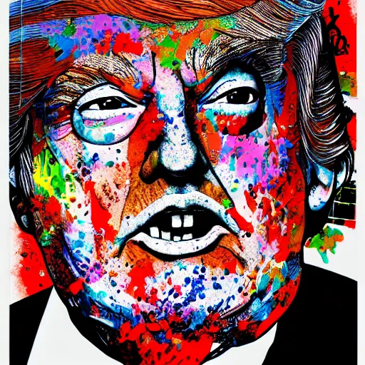 Image similar to Donald Trump, Ralph steadman, psychedelic, ink splatter, detailed, 4k