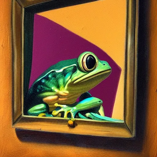 Prompt: canvas, painting, oil, texture, details, frog, cartoon, bright colors, dark shadows, sharp edges, bathroom, looking at mirror