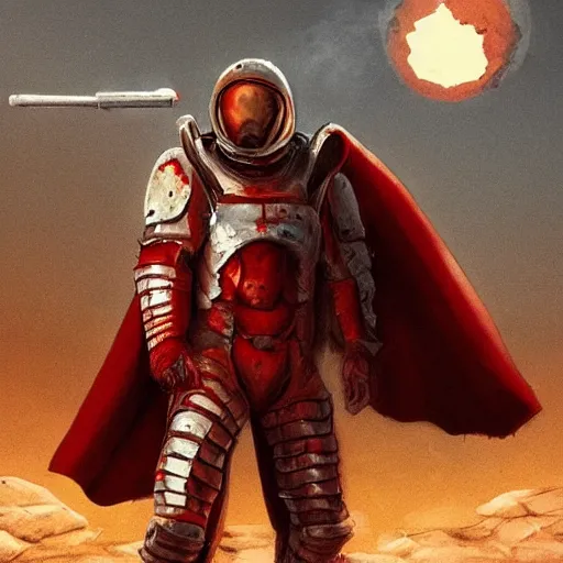 Prompt: a towering soldier, wearing blood - spattered glossy sleek white dinged scuffed armor and a long torn red cape, heroic posture, battle - weary, strained expression, determined expression, no helmet, on the surface of mars, dramatic lighting, cinematic, sci - fi, hyperrealistic, detailed