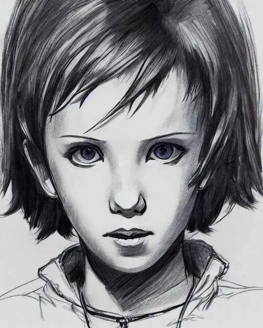 Image similar to pen sketch of worried millie bobby brown with short hair by yoji shinkawa