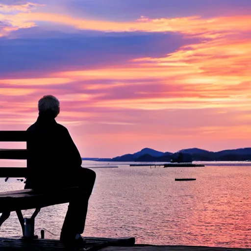 Prompt: middle aged man sitting on a bench watching sunset in a Japan small town port, a bottle of whiskey next to his seat