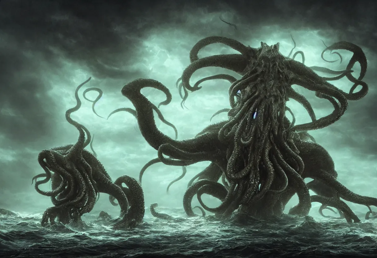 Image similar to concept art of cthulhu emerging from the ocean, omnious old photo, cinematic lighting, apocalyptic, atmospheric, hyper realism, realistic, octane render, dramatic lighting, highly detailed, cinematic