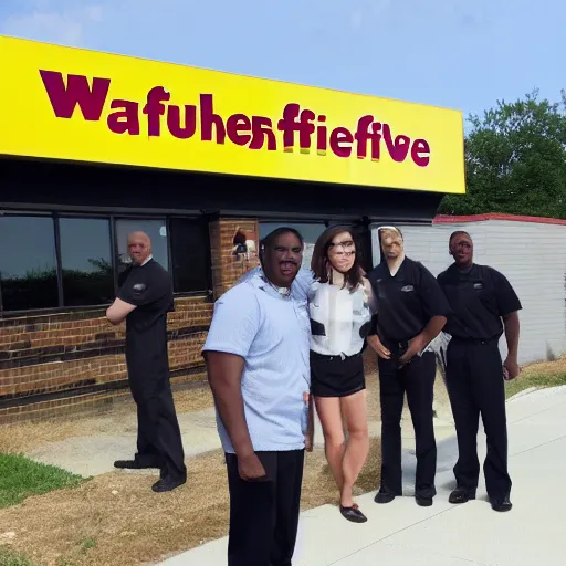 Image similar to wafflehouse employee's standing below wafflehouse sign