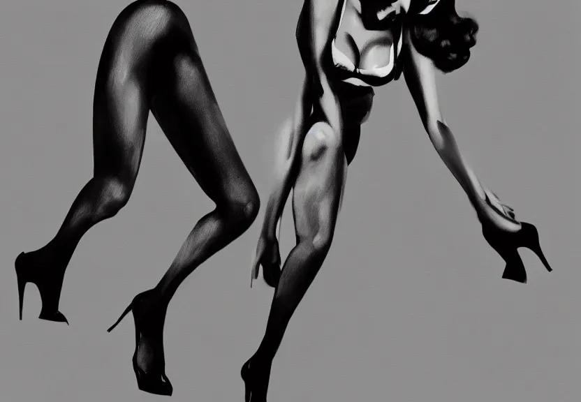 Image similar to painting of the figure of a pin up girl posing, high contrast, poster, clothes in the fashion of 6 0's, concept art, black and white, dramatic lighting, digital art, 8 k