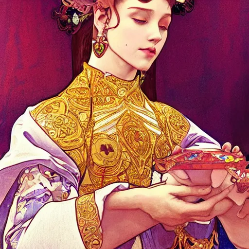 Image similar to condescension of a proud queen to a servant kneeling before her, yellow eyes, sitting in a chair while posing for a photo, highly detailed, digital painting, artstation, smooth, sharp focus, illustration, art by artgerm and alphonse mucha, high definition digital art, in the style of ilya kuvshinov and Ross tran