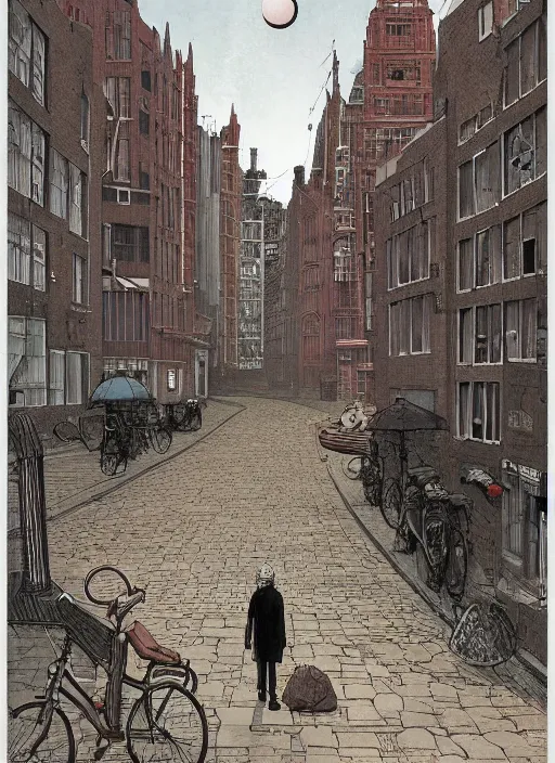 Prompt: illustration of a 2 0 8 0 desolate amsterdam street scene by shaun tan, clean, emptyness, torn paper decollage, graphic novel, oil on canvas by edward hopper, ( by mattias adolfsson ), by moebius