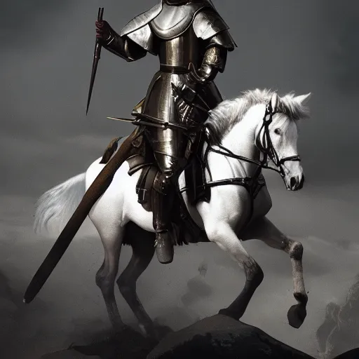 Image similar to Joan of Arc on a horse commanding an French army, octane render, dramatic lighting, hyperrealistic, high detailed, cinematic, artstation